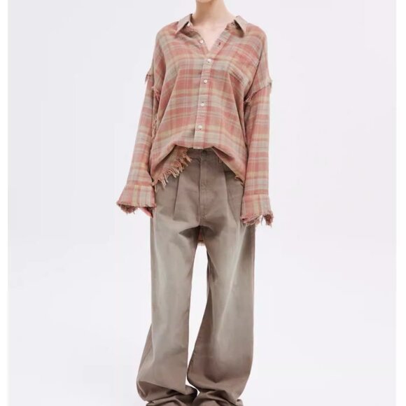 NWT R13 Shredded Seam Flannel Drop Neck Shirt Washed-Out Red/Khaki Plaid XLarge - Picture 5 of 15